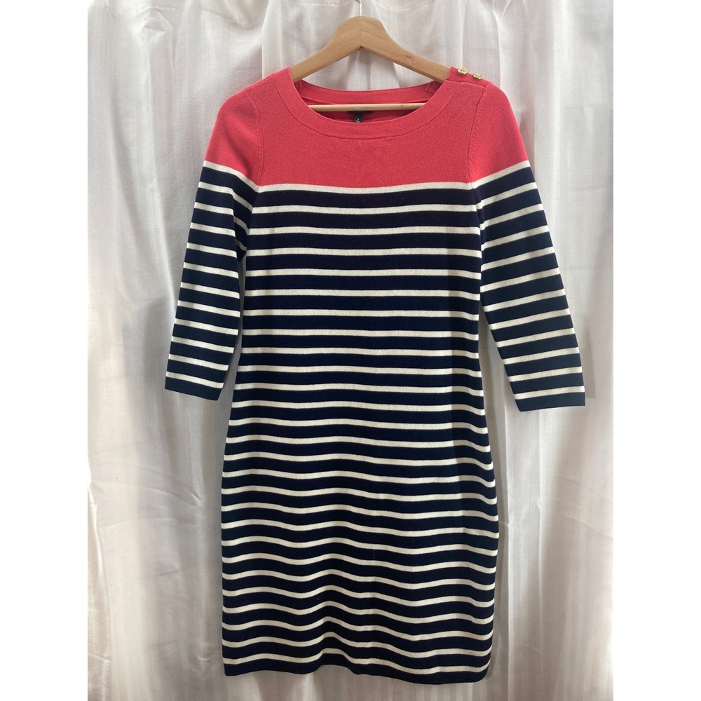 Talbots Womens Sweater Dress Coral Navy White Stripe 3/4 Sleeve S Nautical Coast